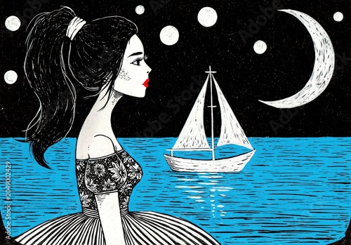 Woman looking at sailing boat on ocean under night sky with moon and star. Artistic illustration of romantic sea voyage and travel dream. Concept of inspiration and night journey.