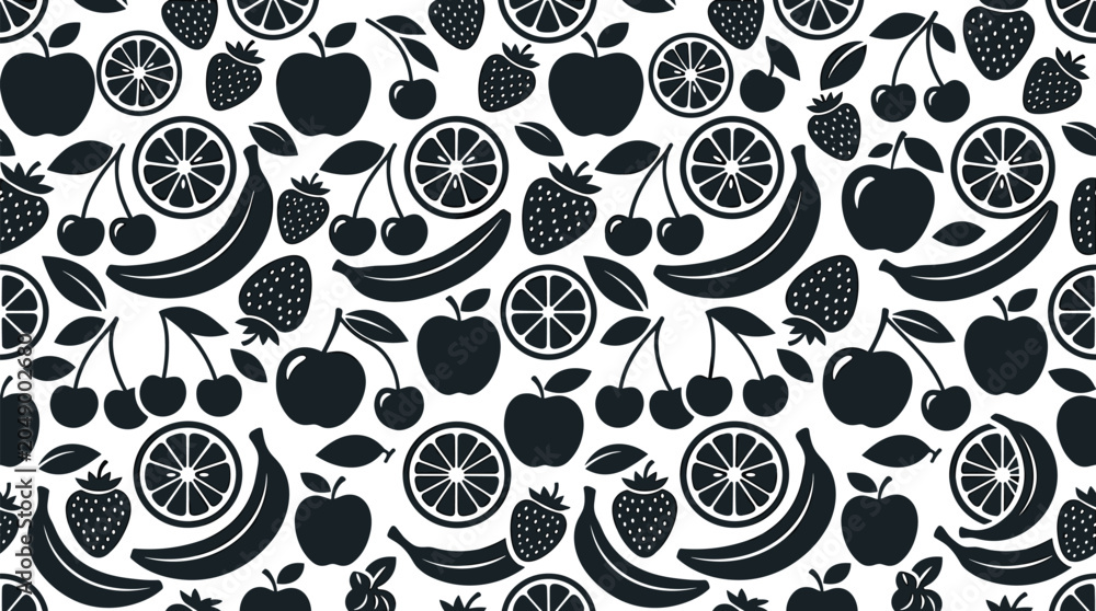 Fototapeta premium Seamless Fruit Pattern with Apples, Bananas, Cherries, Strawberries, and Citrus Slices for Textile and Packaging Designs