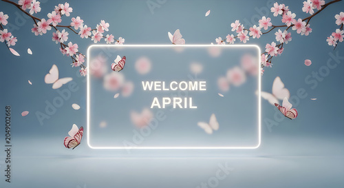 Floral wreath frame with welcome april text, pastel pink flowers, butterflies, and decorative ribbons