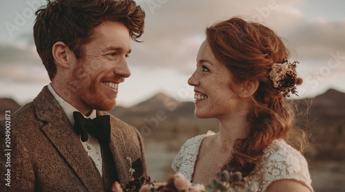 Redheaded woman and man looking at each other during wedding ceremony in desert. Happy couple smiling in formal attire at sunset. Concept of love, marriage, romance and partnership.