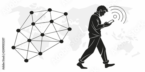 Photos Person using mobile smartphone with wireless network connection against world ma