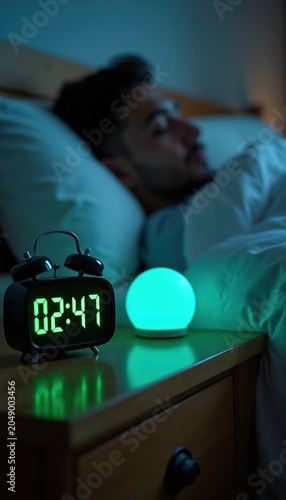 Man cannot sleep in bed at 02 47 AM. Digital alarm clock shows time near sleeping person. Night lamp glows blue on bedside table. Trouble sleeping at night.