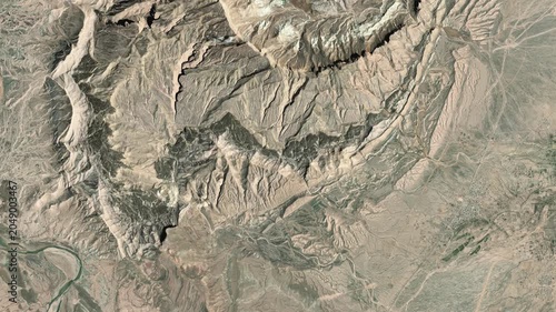 Aerial flight over salt dome in Iran desert, 3D render