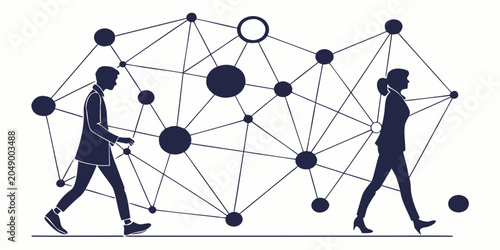 Fotografie Business professionals walking past abstract network structure with interconnect