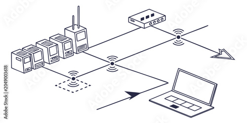 Fotografie Data network routing diagram with server units connected to a router and a lapto