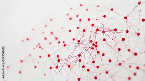 Abstract network of red nodes and connecting lines in a digital technology concept