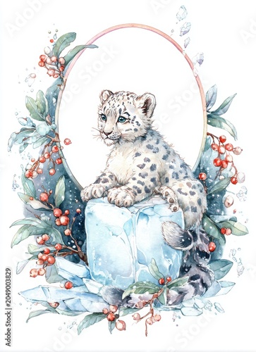 Vertical watercolor illustration of a snow leopard cub on an ice block. Winter frame with red berries and green leaves. Wildlife animal portrait on white background