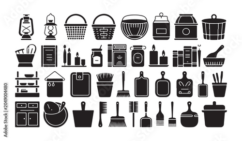 Cuadro en lienzo Set of domestic objects and tools icons on white background.