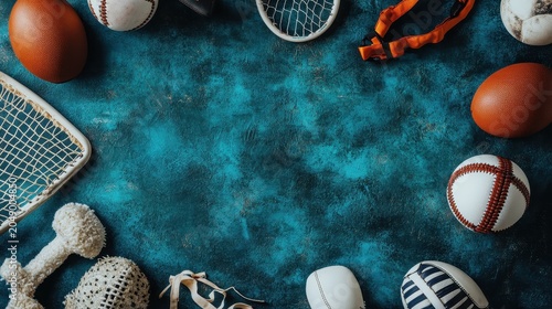 Assortment of Sports Equipment Scattered on a Textured Dark Blue Background, Ready for Active Play