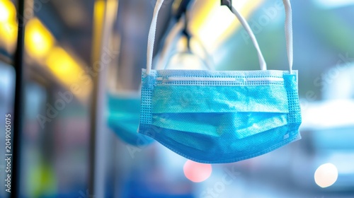 Blue surgical face masks hanging on public transport, representing global health and pandemic safety measures.