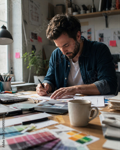 Freelance Designer Sketching at Messy Creative Desk