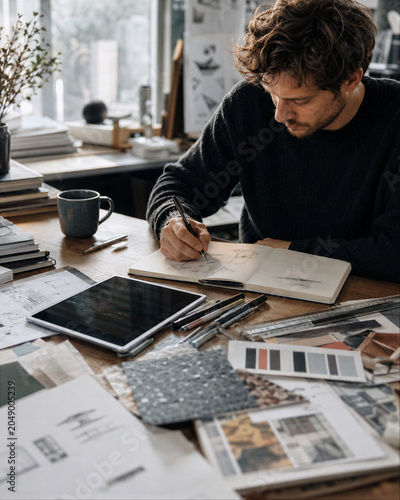Freelance Designer Sketching at Messy Creative Desk