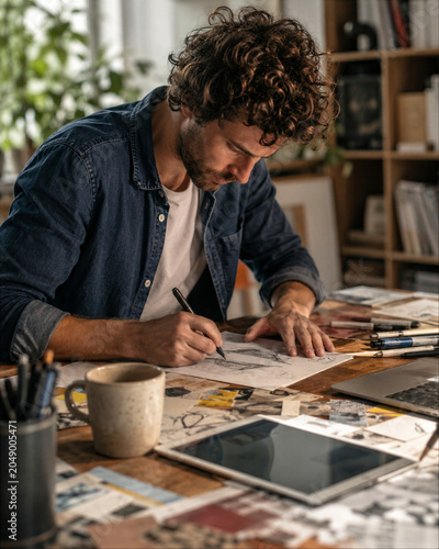 Freelance Designer Sketching at Messy Creative Desk