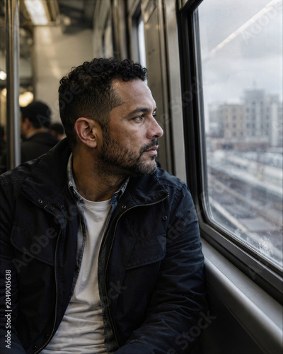 Thoughtful Commuter Looking Out Train Window