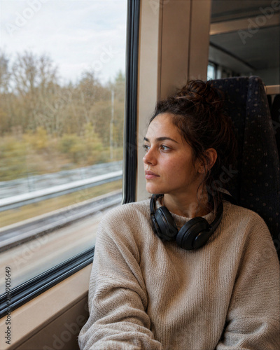 Thoughtful Commuter Looking Out Train Window