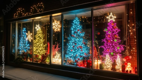 Enchanting Christmas Window Displays Illuminated with Vibrant Holiday Lights and Festive Decorations