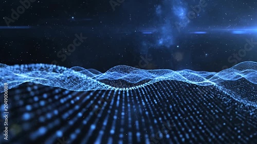 Glowing blue digital wave particles in deep space.