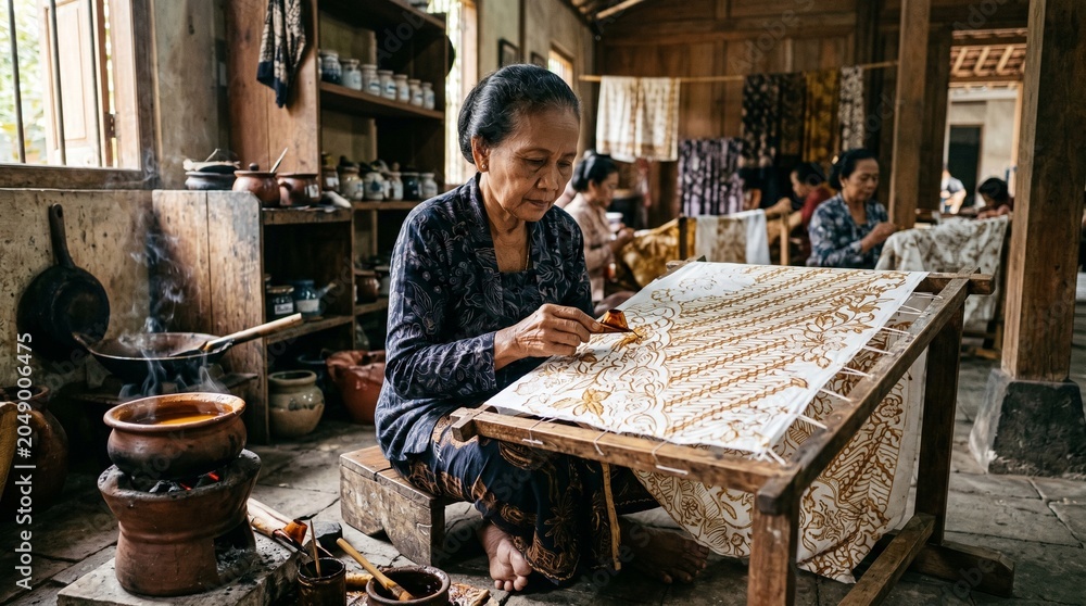 Fototapeta premium Elderly Indonesian Artisan Carefully Creating Traditional Batik Fabric Patterns in a Rustic Workshop Setting