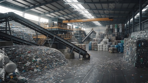Industrial Recycling Facility with Conveyor Belts and Baled Waste Containers