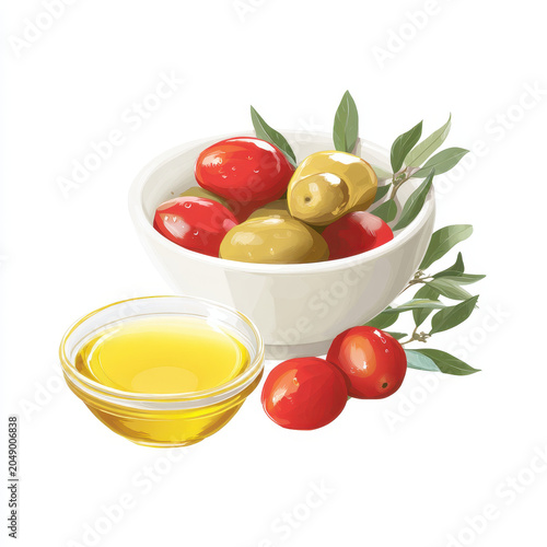 Healthy snack jujube olive fruit berry bowl glass oil ingredient organic snack in white bowl with fresh jujube, olive, green leaf branch and small glass bowl of golden oil on white background