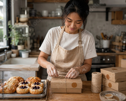 Small Bakery Packing Pastries for Customer Orders