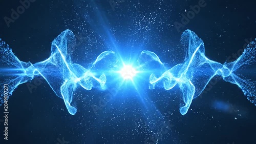 Glowing blue particle DNA double helix energy structures.