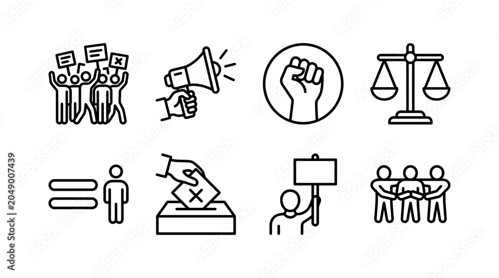 Fototapeta premium Collection of vector graphic illustrations representing protest, voting, justice, equality, and activism