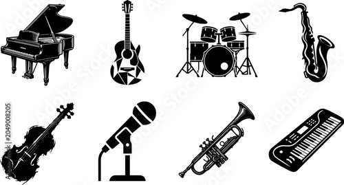 Bild auf Leinwand Collection of musical instruments icons including grand piano acoustic guitar dr