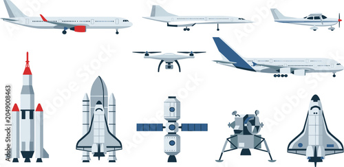 Aviation and Aerospace Vector Icon Set with Commercial Airplanes, Rocket Launcher, Space Shuttle, Satellite, and Lunar Module Illustrations