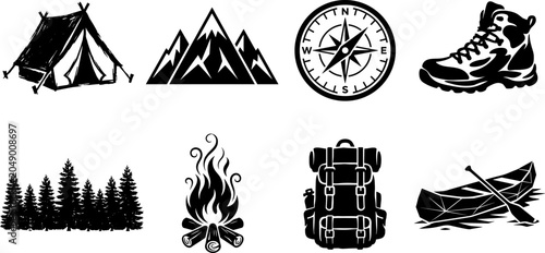 Tableau sur toile Collection of outdoor adventure and camping icons including tent mountain peaks