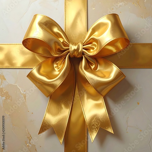 Golden ribbon and bow beautifully arranged on a marbled surface