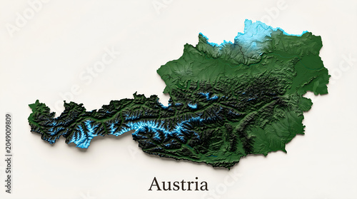 3D Topographical Relief Map of Austria with Alpine Elevations
