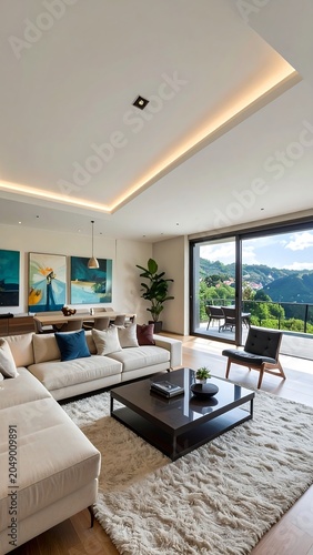 Modern living room with a mountain view through a large glass window