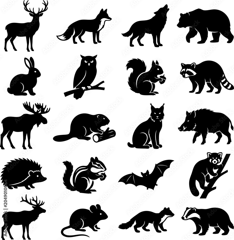 Obraz premium Wild animals silhouette set with bear, deer, wolf, fox, and owl