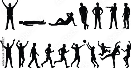 Bild auf Leinwand Active men and women silhouettes collection featuring people running walking jum