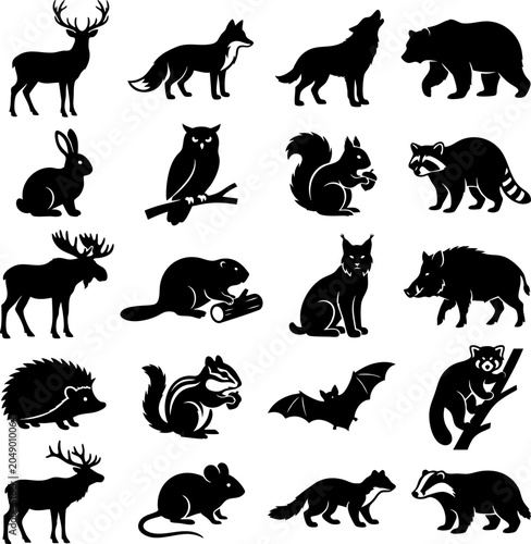 Canvas Print Wild animals silhouette set with bear, deer, wolf, fox, and owl