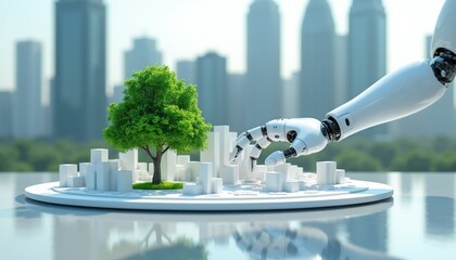 Robot arm builds eco friendly smart city model. Futuristic urban planning with green tree on miniature site. Automation innovation, sustainable development concept, future metropolis design.
