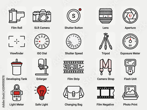 Obraz na plátně Photography Equipment Icons: Camera Gear, Accessories, and Darkroom Tools