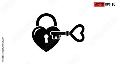 Canvastavla Black and white vector illustration of a heart shaped padlock with a key inserte