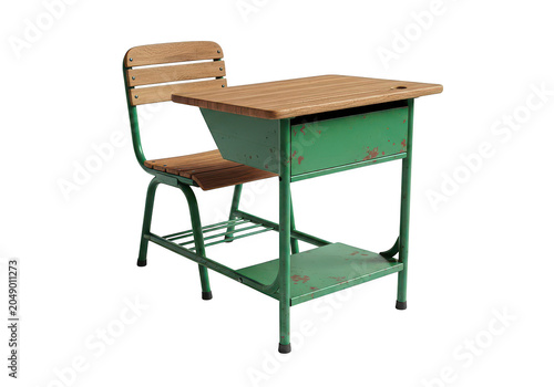 Vintage school desk and chair green metal.