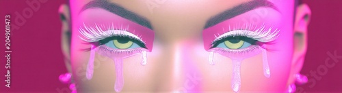 Close up of eyes with white eyelashes and pink liquid tears. Avant garde makeup and fashion concept. Abstract digital art portrait