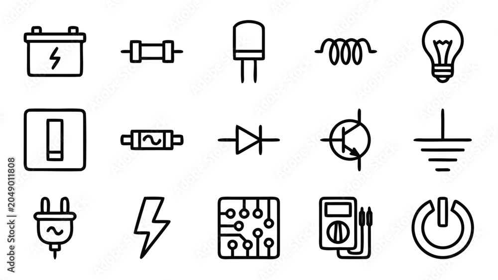 Fototapeta premium Minimalist Vector Set of 15 Electricity and Circuit Line Icons Featuring Light Bulbs, Batteries, Plugs, and Electronic Components in a Uniform Stroke Style for Engineering and Energy Projects.