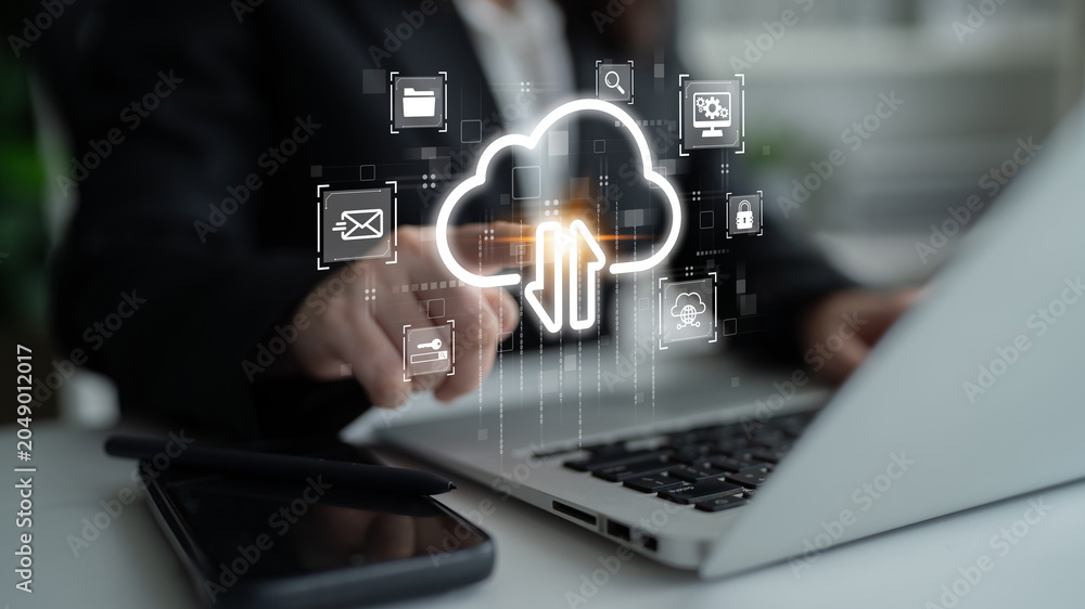 Fototapeta premium Cloud computing enables digital growth with secure data storage, scalable infrastructure, and strategic cloud-based business solutions. Latch