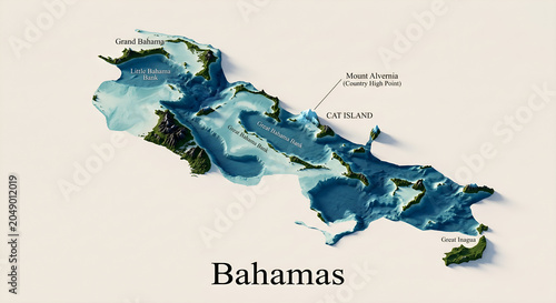 3D Topographical Relief Map of the Bahamas with Ocean Bathymetry