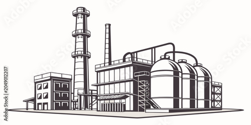 Schilderij op canvas Monochrome line art illustration of an industrial plant with large tanks industr