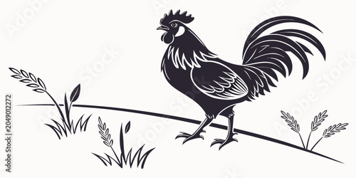 Rooster standing in a field with wheat stalks illustration countryside livestock cockerel agriculture domestic standing silhouette minimalist farmyard creature creative ornamental