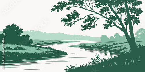 Obraz na płótnie Scenic river landscape illustration featuring a large tree on the bank landscape
