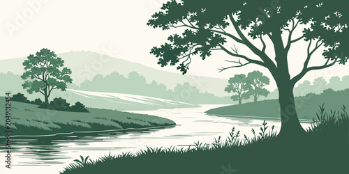 Fotografi Artistic river valley landscape graphic with a prominent foreground tree landsca