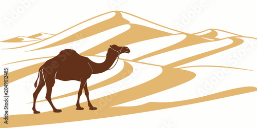Obraz na płótnie Camel walking through golden sand dunes in a desert illustration with landscape