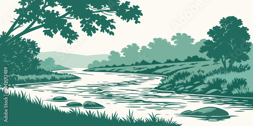 Bild auf Leinwand Illustration of a rocky river landscape with a sprawling tree canopy landscape i